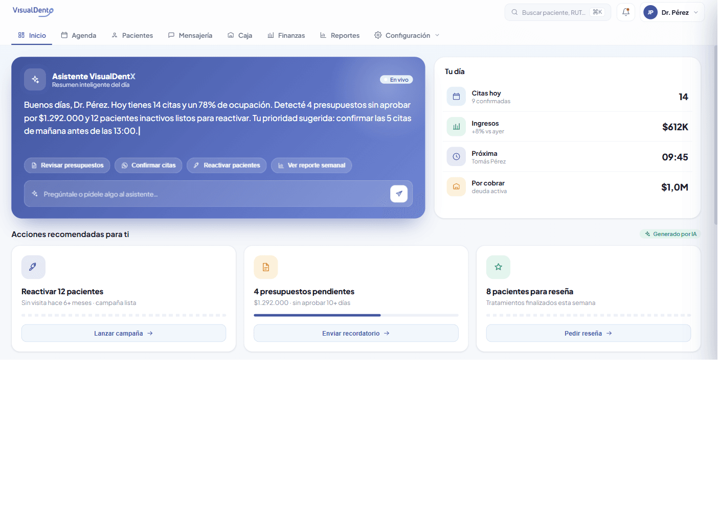 Dashboard de VisualDentX con Asistente mostrando resumen inteligente del día, citas, ingresos y acciones recomendadas