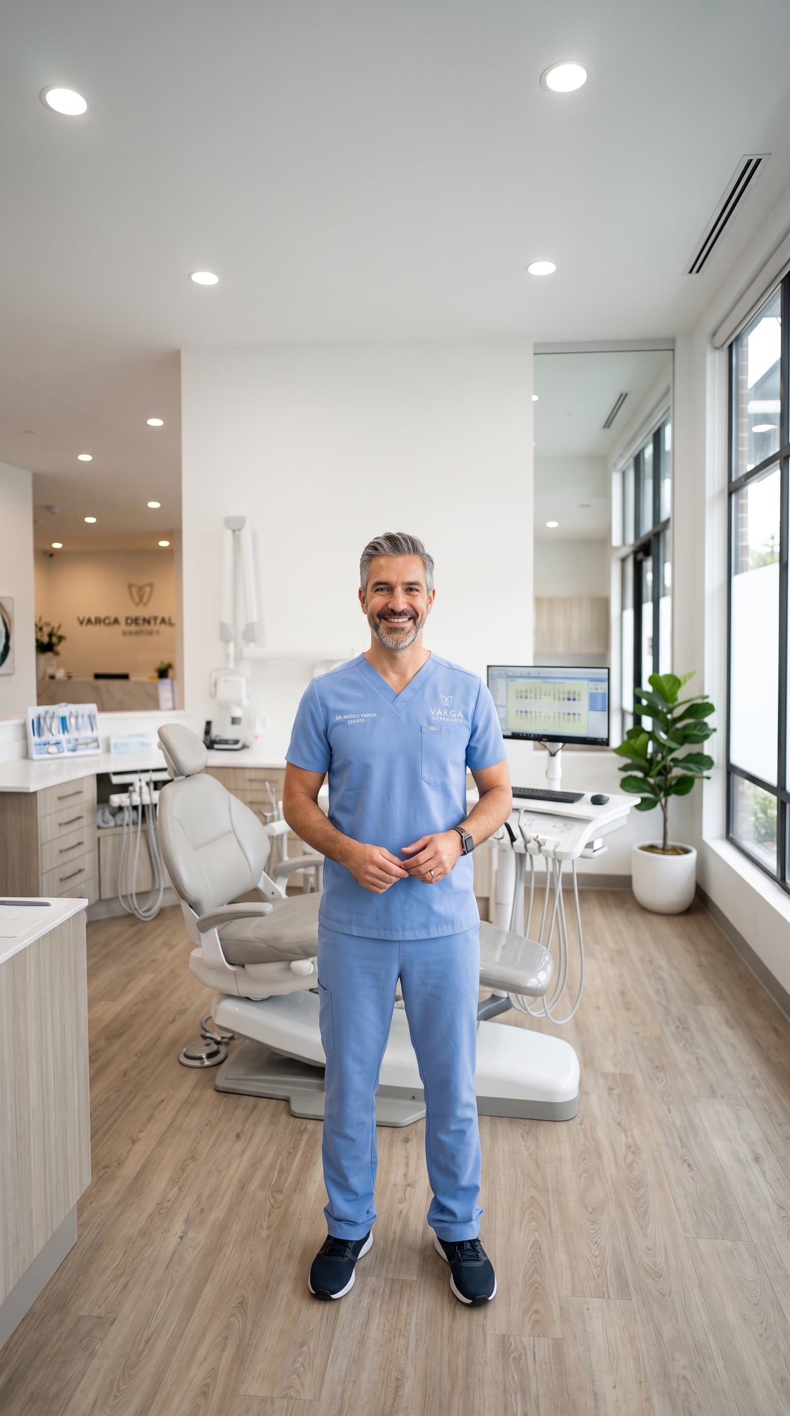 Dentista sonriendo en su clínica moderna