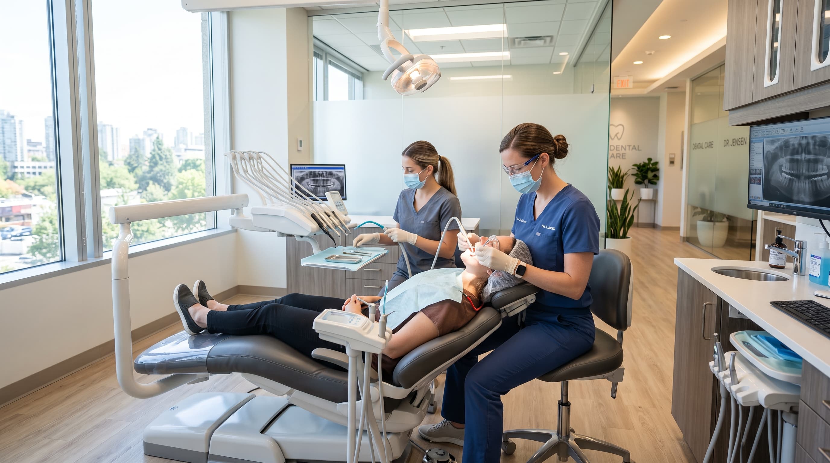 Dentistas trabajando con una paciente en clínica moderna